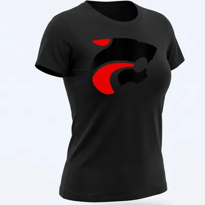 Minimalist jaguar head logo in black, red, and white for Jackson Memorial Jaguars. — printed on a women's shirt