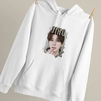 Digital art portrait of Jiho from KPOP Boy Group with bold text. — printed on a unisex hoodie