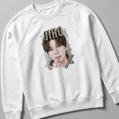 Digital art portrait of Jiho from KPOP Boy Group with bold text. — printed on a unisex sweatshirt
