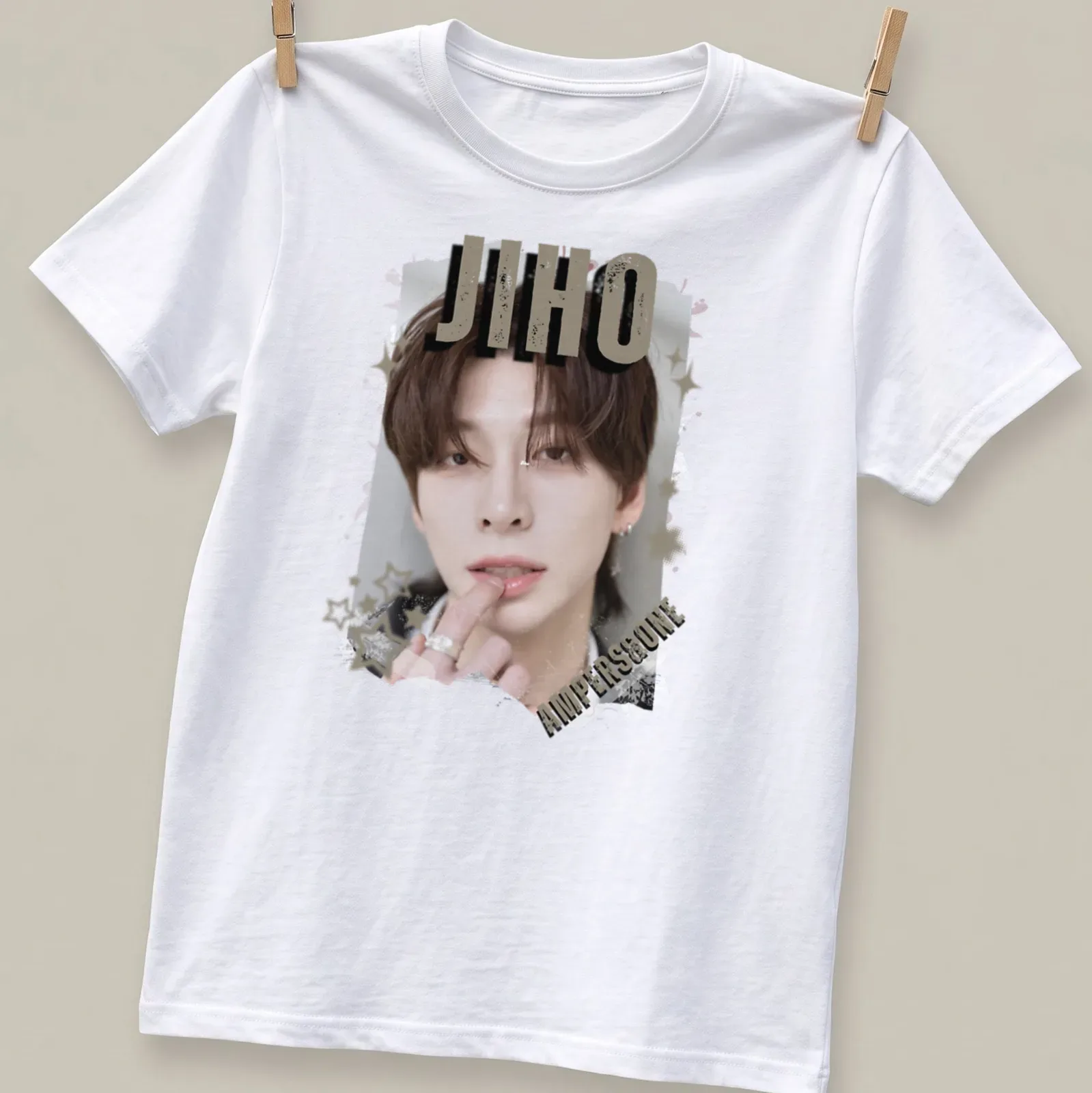 Digital art portrait of Jiho from KPOP Boy Group with bold text. — printed on a unisex t-shirt