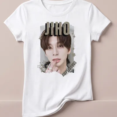 Digital art portrait of Jiho from KPOP Boy Group with bold text. — printed on a women's shirt