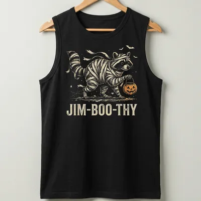 Vintage Halloween T-shirt featuring a raccoon in a mummy costume with text — printed on a tank top
