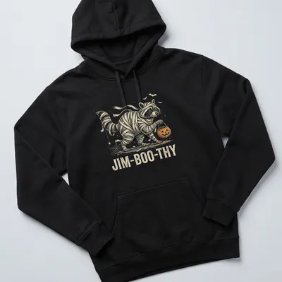 Vintage Halloween T-shirt featuring a raccoon in a mummy costume with text — printed on a unisex hoodie