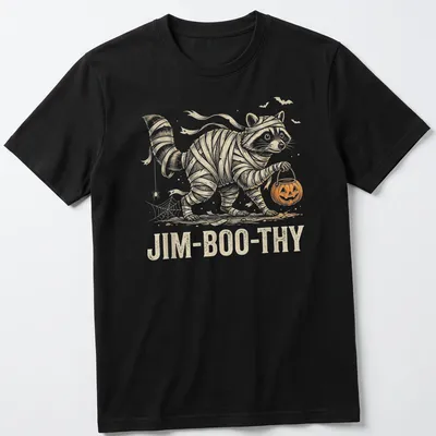 Vintage Halloween T-shirt featuring a raccoon in a mummy costume with text