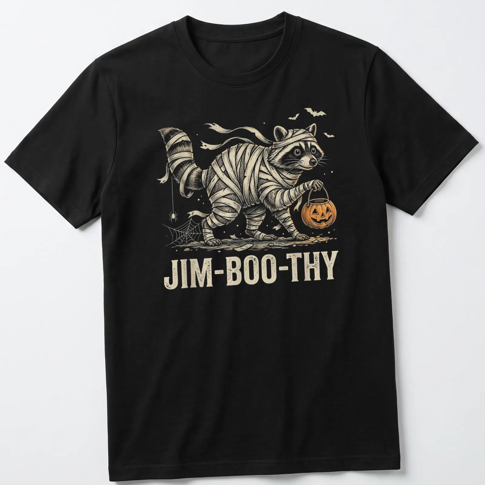 Vintage Halloween T-shirt featuring a raccoon in a mummy costume with text — printed on a unisex t-shirt