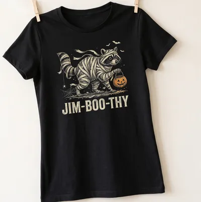 Vintage Halloween T-shirt featuring a raccoon in a mummy costume with text — printed on a women's shirt