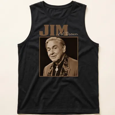 Vintage sepia design featuring JIM Ed Brown in classic font. — printed on a tank top