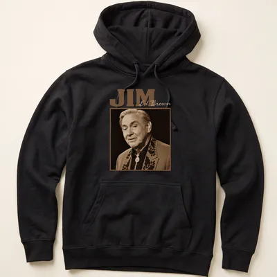 Vintage sepia design featuring JIM Ed Brown in classic font. — printed on a unisex hoodie