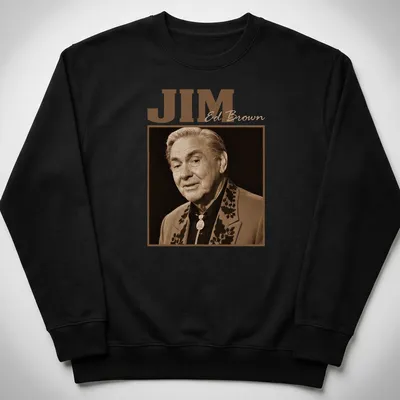 Vintage sepia design featuring JIM Ed Brown in classic font. — printed on a unisex sweatshirt