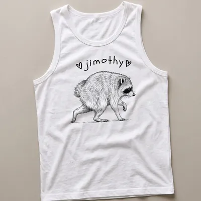 Line-art of a cute short spined raccoon with the name 'jimothy' in black and white — printed on a tank top