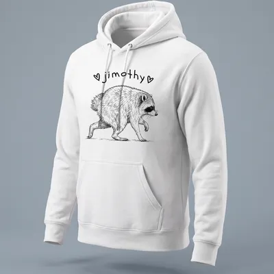 Line-art of a cute short spined raccoon with the name 'jimothy' in black and white — printed on a unisex hoodie