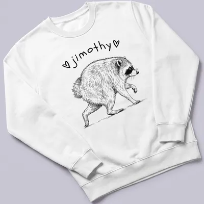 Line-art of a cute short spined raccoon with the name 'jimothy' in black and white — printed on a unisex sweatshirt