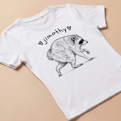 Line-art of a cute short spined raccoon with the name 'jimothy' in black and white — printed on a women's shirt