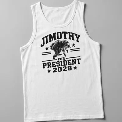 Bold graphic of a raccoon and text 'JIMOTHY FOR PRESIDENT 2028' in black and white — printed on a tank top