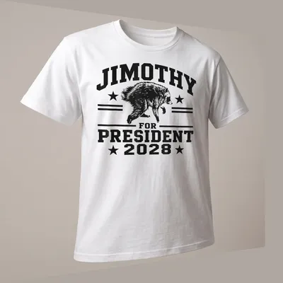 Bold graphic of a raccoon and text 'JIMOTHY FOR PRESIDENT 2028' in black and white — printed on a unisex t-shirt (angled view)