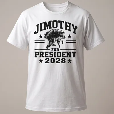 Bold graphic of a raccoon and text 'JIMOTHY FOR PRESIDENT 2028' in black and white