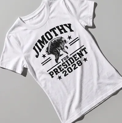 Bold graphic of a raccoon and text 'JIMOTHY FOR PRESIDENT 2028' in black and white — printed on a women's shirt