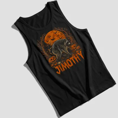 Vintage illustration of a raccoon named Jimothy surrounded by pumpkins for Halloween — printed on a tank top