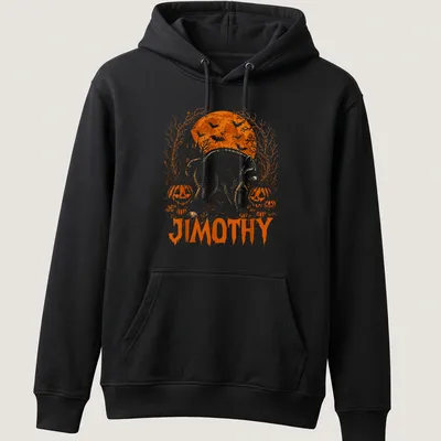 Vintage illustration of a raccoon named Jimothy surrounded by pumpkins for Halloween — printed on a unisex hoodie