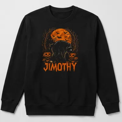 Vintage illustration of a raccoon named Jimothy surrounded by pumpkins for Halloween — printed on a unisex sweatshirt
