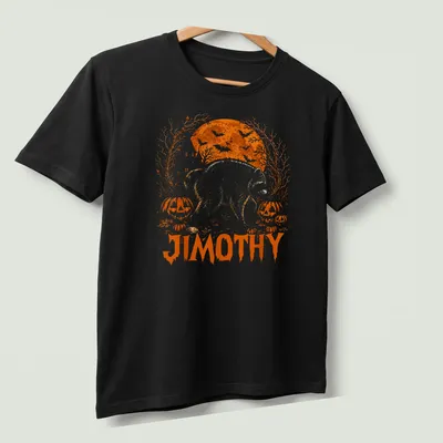 Vintage illustration of a raccoon named Jimothy surrounded by pumpkins for Halloween — printed on a unisex t-shirt (angled view)