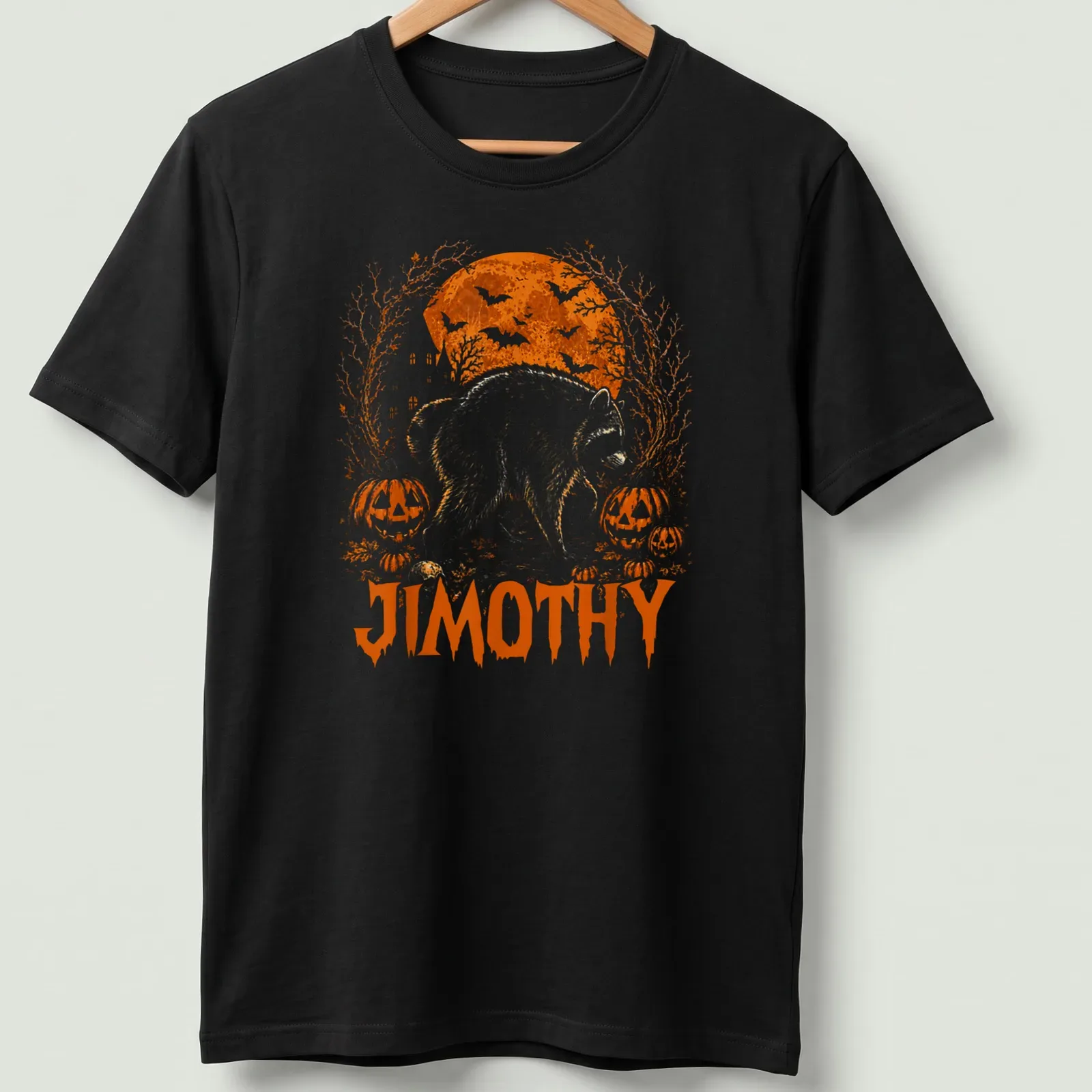 Vintage illustration of a raccoon named Jimothy surrounded by pumpkins for Halloween — printed on a unisex t-shirt