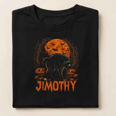 Vintage illustration of a raccoon named Jimothy surrounded by pumpkins for Halloween — printed on a women's shirt