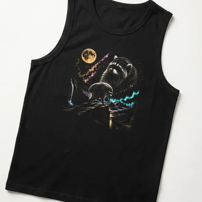 Colorful illustration of a raccoon with retro text Jimothy Raccoon Seattle Feral Legend — printed on a tank top