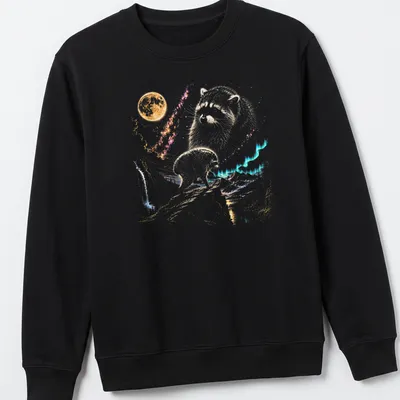 Colorful illustration of a raccoon with retro text Jimothy Raccoon Seattle Feral Legend — printed on a unisex sweatshirt