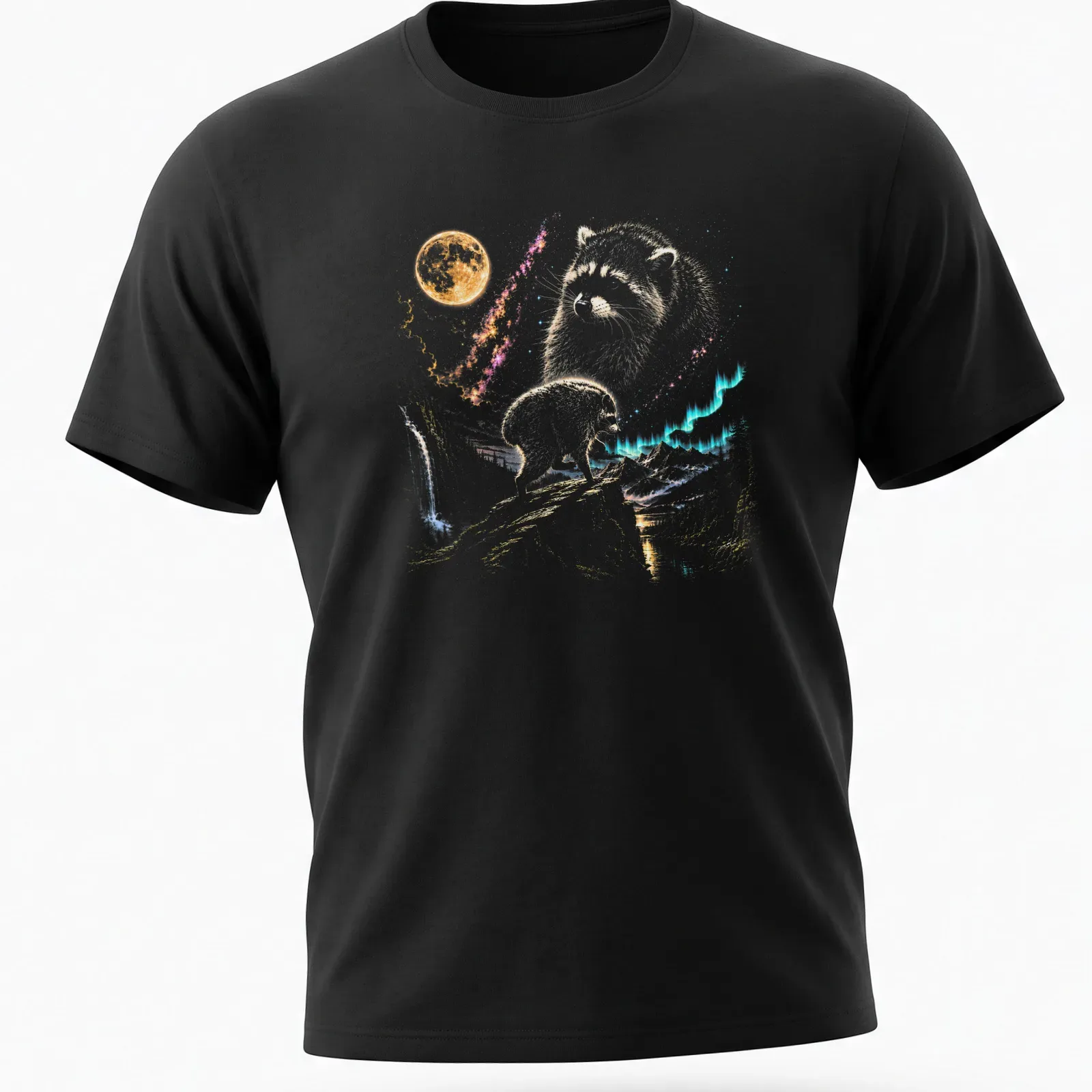 Colorful illustration of a raccoon with retro text Jimothy Raccoon Seattle Feral Legend — printed on a unisex t-shirt