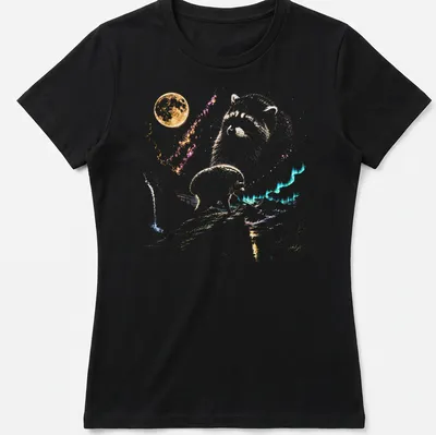 Colorful illustration of a raccoon with retro text Jimothy Raccoon Seattle Feral Legend — printed on a women's shirt