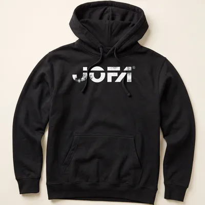 Vintage distressed Jofa hockey logo t-shirt in black and white — printed on a unisex hoodie