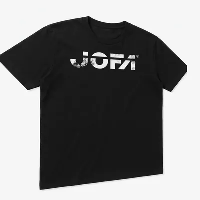Vintage distressed Jofa hockey logo t-shirt in black and white — printed on a unisex t-shirt (angled view)