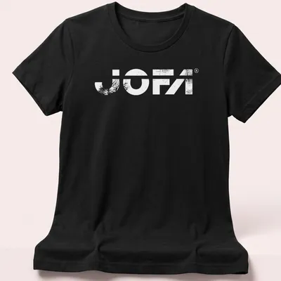 Vintage distressed Jofa hockey logo t-shirt in black and white — printed on a women's shirt