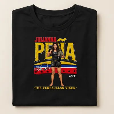 Bold graphic of Julianna Peña with her name on a sports — printed on a women's shirt