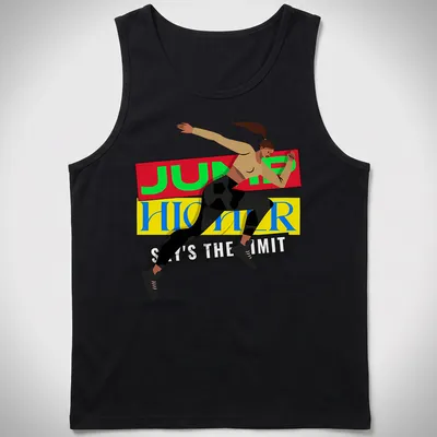 Dynamic illustration of an athletic woman jumping with motivational text in bright colors — printed on a tank top