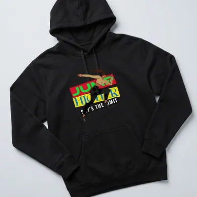 Dynamic illustration of an athletic woman jumping with motivational text in bright colors — printed on a unisex hoodie