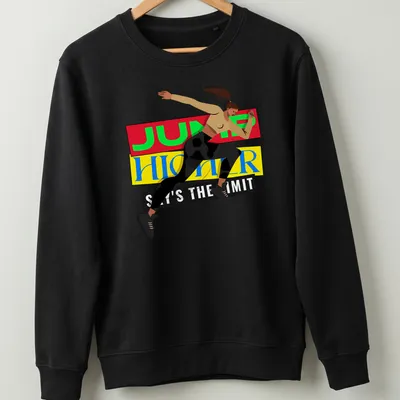 Dynamic illustration of an athletic woman jumping with motivational text in bright colors — printed on a unisex sweatshirt