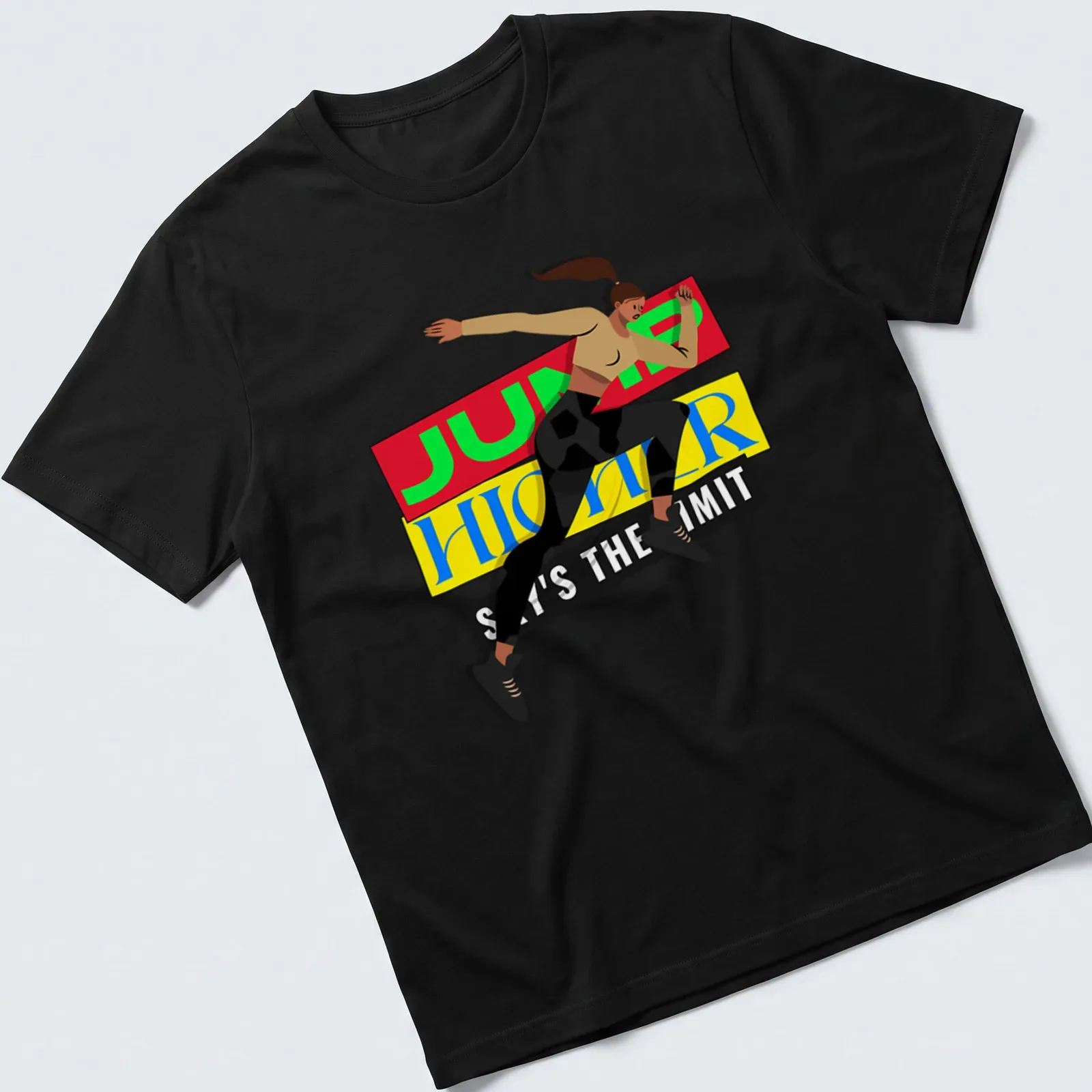 Dynamic illustration of an athletic woman jumping with motivational text in bright colors — printed on a unisex t-shirt