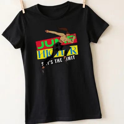 Dynamic illustration of an athletic woman jumping with motivational text in bright colors — printed on a women's shirt