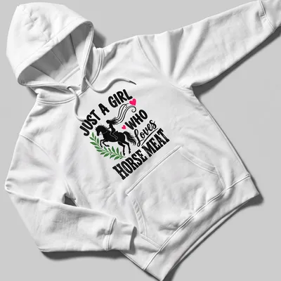 Illustration of girl riding a horse with bold text about horse meat — printed on a unisex hoodie