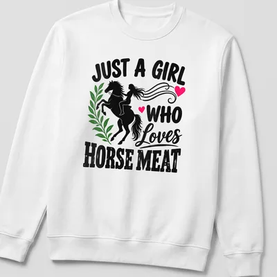 Illustration of girl riding a horse with bold text about horse meat — printed on a unisex sweatshirt