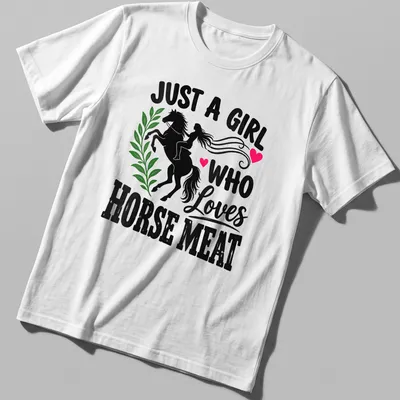 Illustration of girl riding a horse with bold text about horse meat