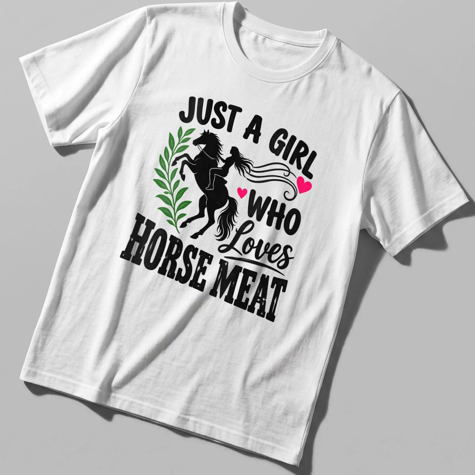 Illustration of girl riding a horse with bold text about horse meat — printed on a unisex t-shirt