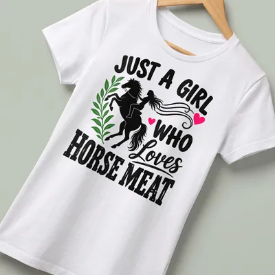 Illustration of girl riding a horse with bold text about horse meat — printed on a women's shirt