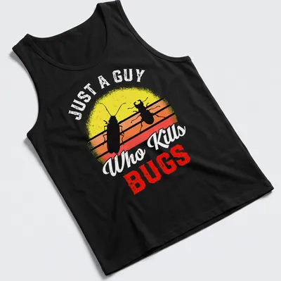 Retro sunset t-shirt featuring bold text and insect graphics. — printed on a tank top