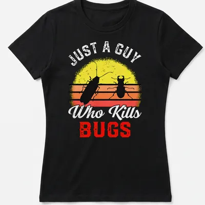 Retro sunset t-shirt featuring bold text and insect graphics. — printed on a women's shirt