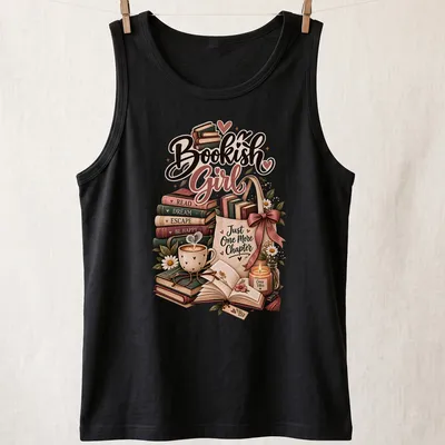 Whimsical illustration of a bookish girl with books and cozy reading items — printed on a tank top