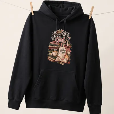 Whimsical illustration of a bookish girl with books and cozy reading items — printed on a unisex hoodie