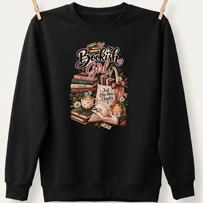 Whimsical illustration of a bookish girl with books and cozy reading items — printed on a unisex sweatshirt